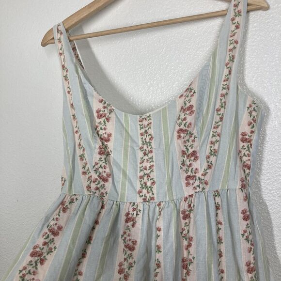 WeWoreWhat Dress Womens Large Blue Green Floral Stripe Linen Blend Midi Back Zip - Picture 5 of 16